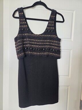 Bebe Black Sleeveless Beaded Cocktail Mini Dress Size Medium Party